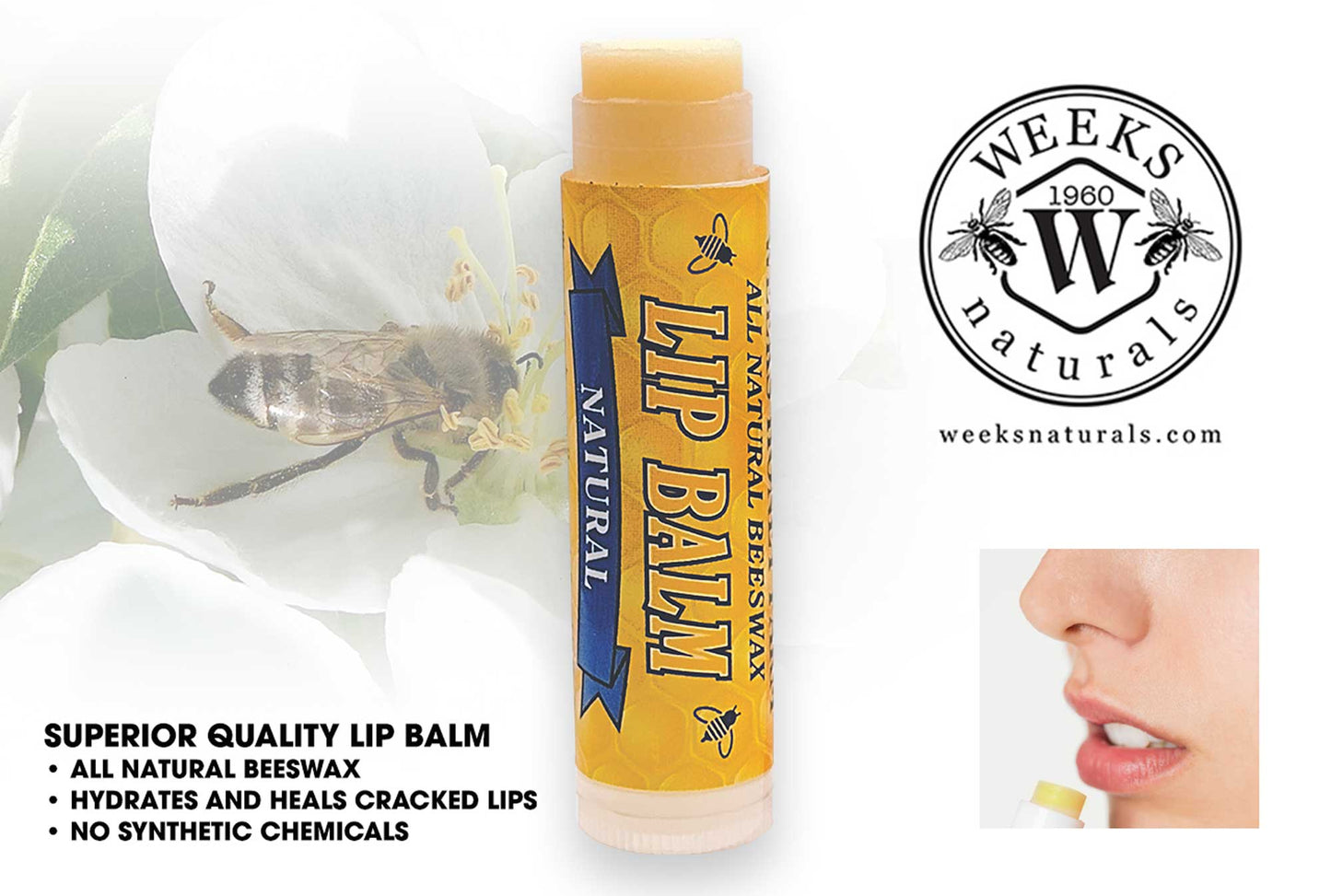 Weeks All Natural Beeswax Lip Balms; Singles, Twin Packs, Case