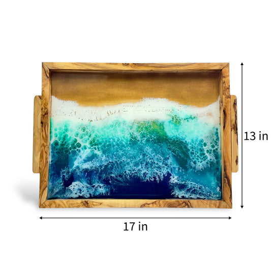 Olive Wood & Ocean Epoxy Serving Tray with Handles (17" x 13")