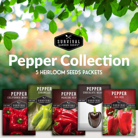 Sweet Pepper Collection - California Wonder Bell, Marconi Red, Cubanelle, Chocolate Beauty, and Big Red Peppers