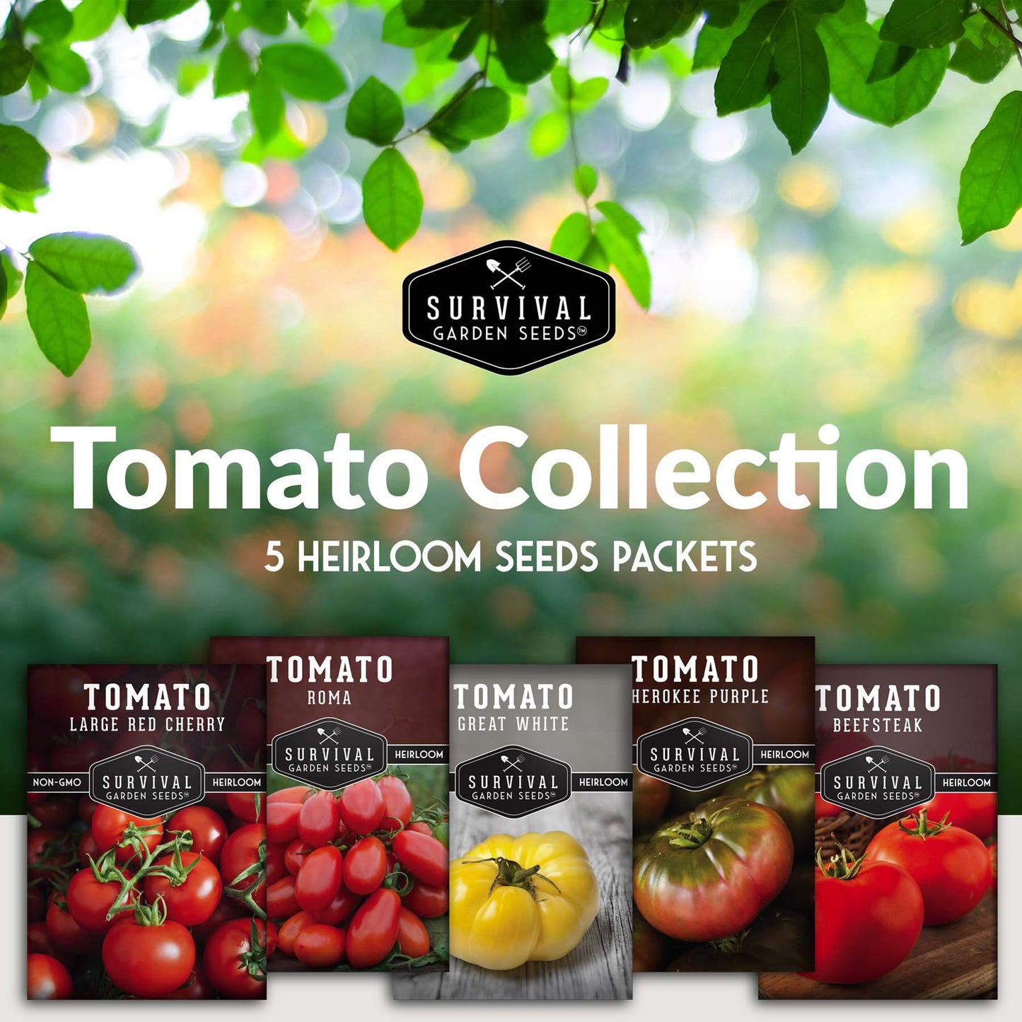 5 Tomato Collection - Cherokee Purple, Roma, Large Red Cherry, Great White, & Beefsteak
