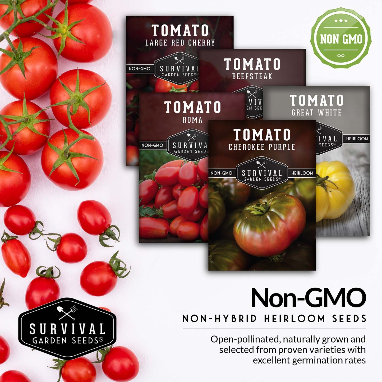 5 Tomato Collection - Cherokee Purple, Roma, Large Red Cherry, Great White, & Beefsteak