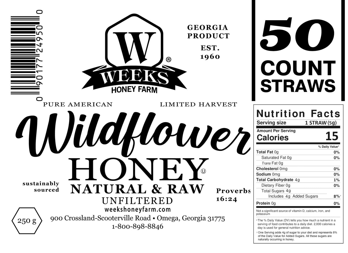 Raw Honey Straws | Orange Blossom, Wildflower, Raspberry Honey | Weeks Honey Farm