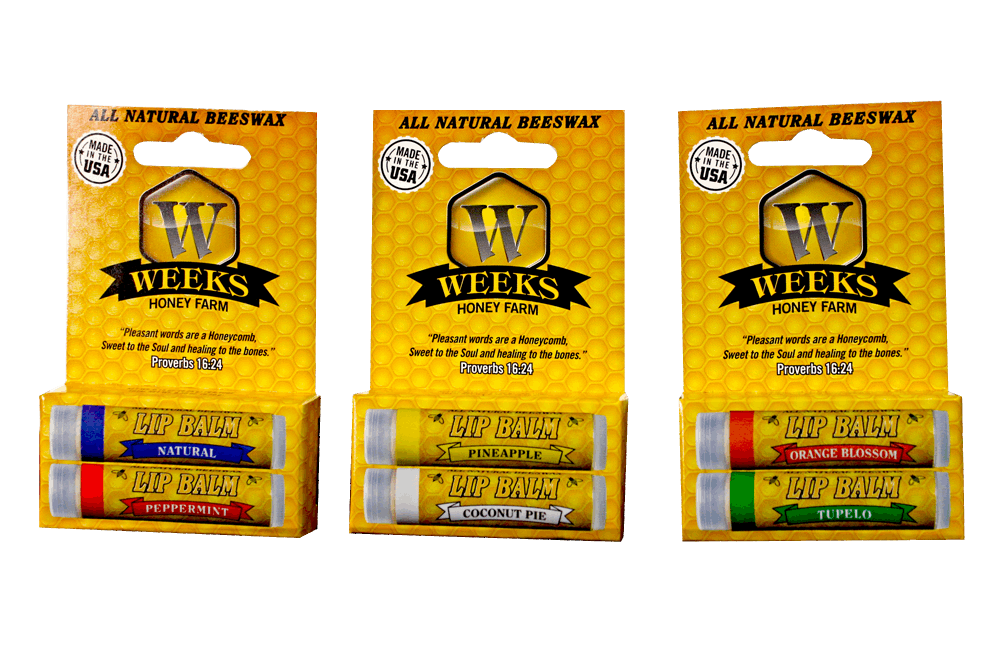 Weeks All Natural Beeswax Lip Balms; Singles, Twin Packs, Case