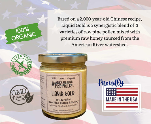 Liquid Gold - Wildcrafted Raw Pine Pollen and Honey - Traditional Blend with Pine Synergy