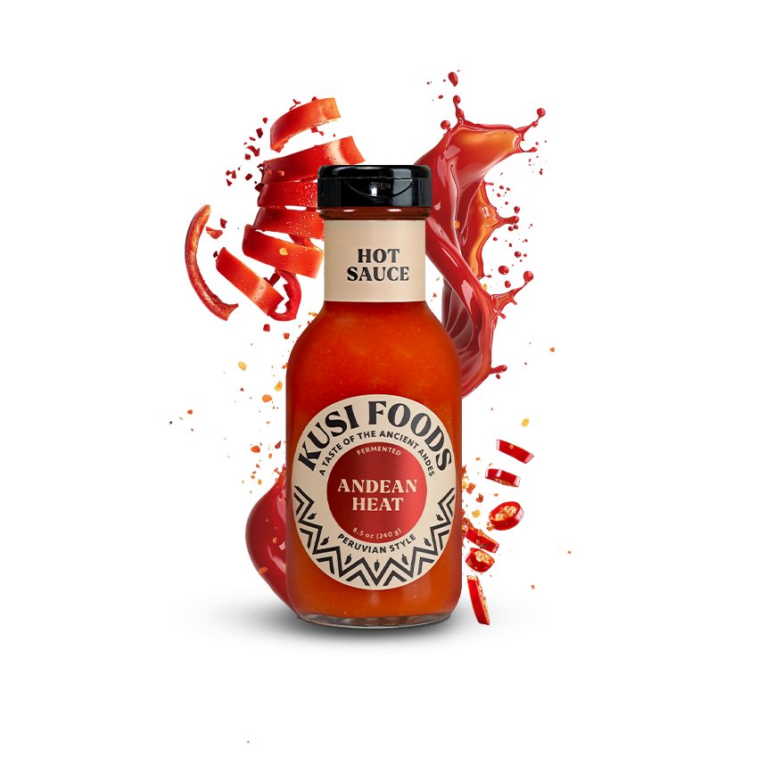 Andean Heat Peruvian hot sauce bottle from Kusi Foods, one of several heat levels to choose from