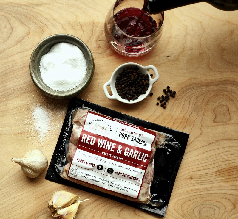 Vermont Salumi Red Wine and Garlic fresh pork sausage links, made for grilling at a cookout