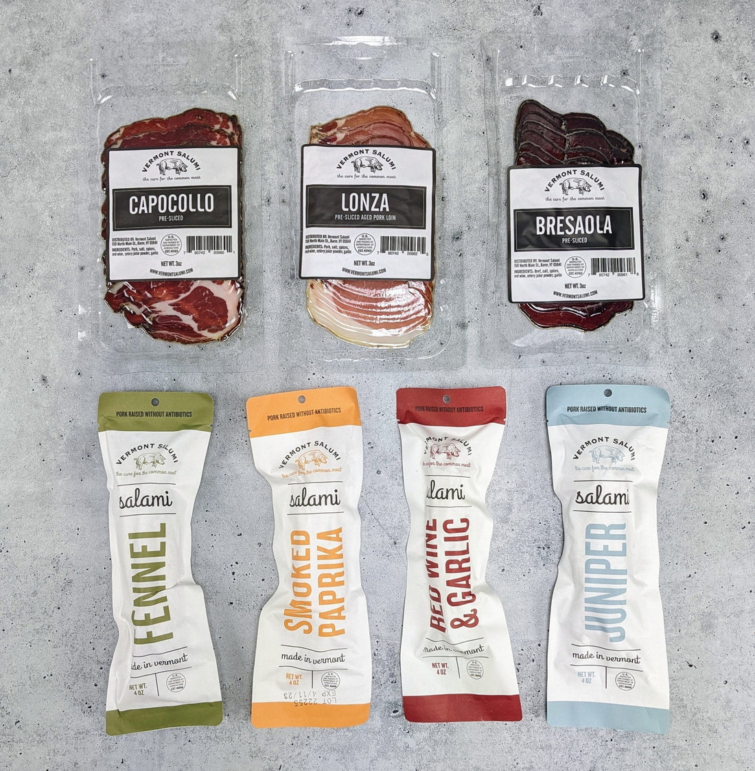 A spread of sliced small-batch salami and cured meats from Vermont Salumi