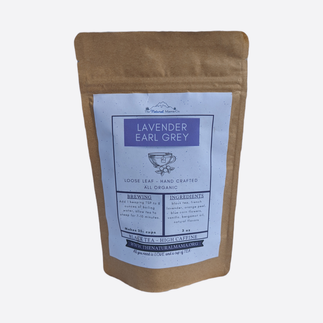 Loose-leaf tea with whole leaves and botanicals next to a cup of brewed tea