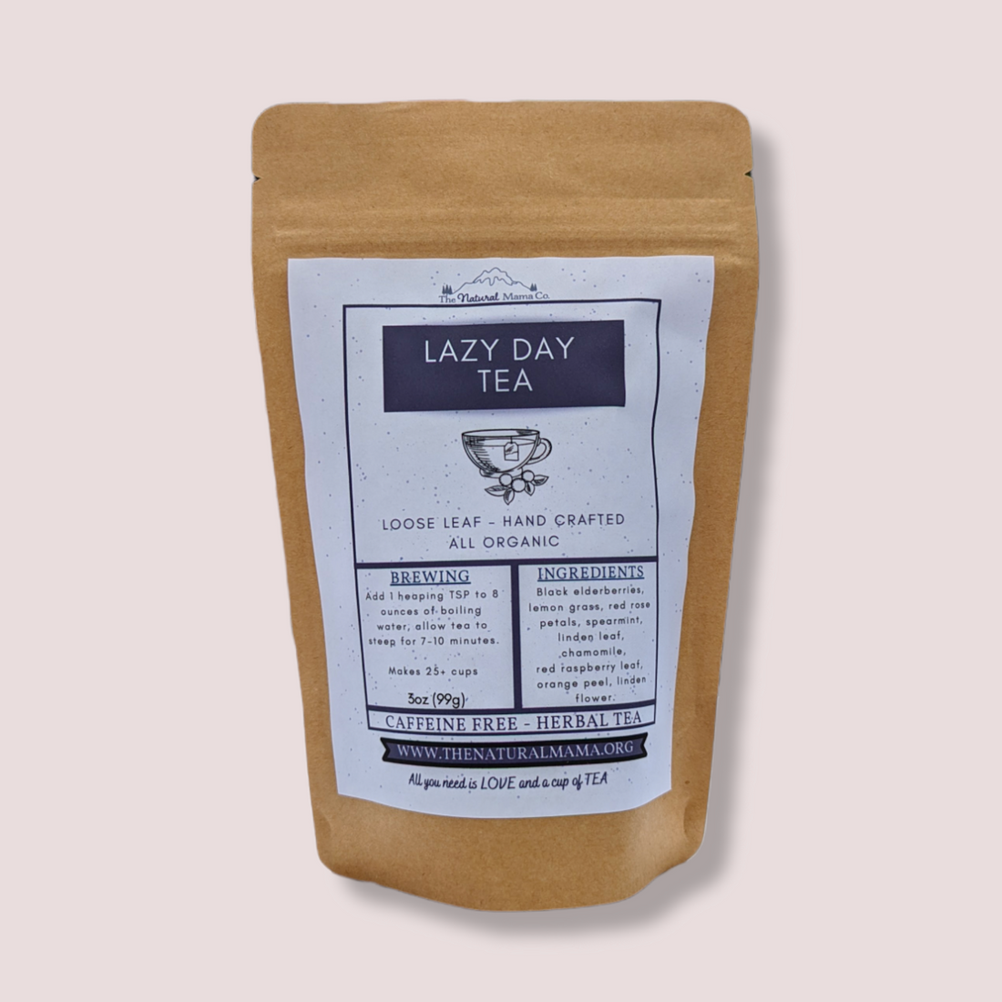 Lazy Day Elderberry loose-leaf herbal tea from The Natural Mama Co., a caffeine-free blend for winding down at night