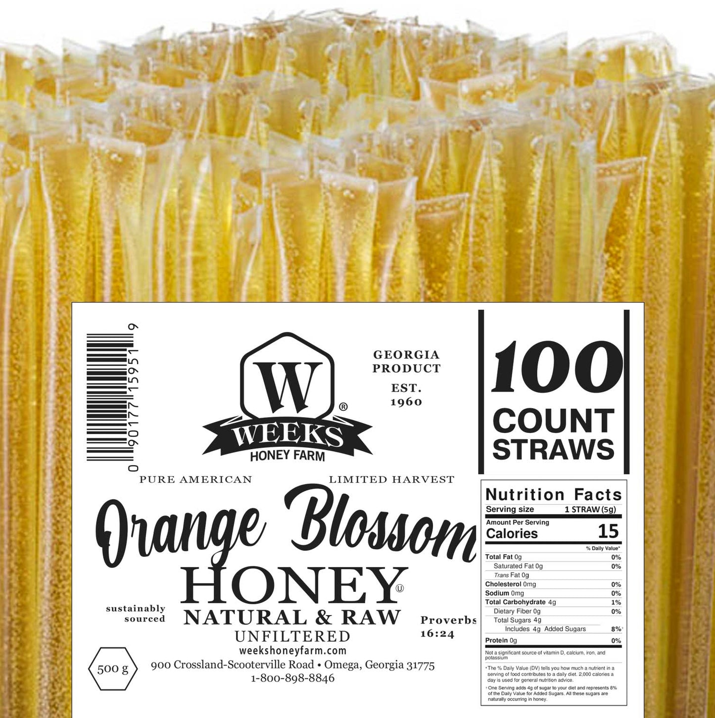 Raw Honey Straws | Orange Blossom, Wildflower, Raspberry Honey | Weeks Honey Farm