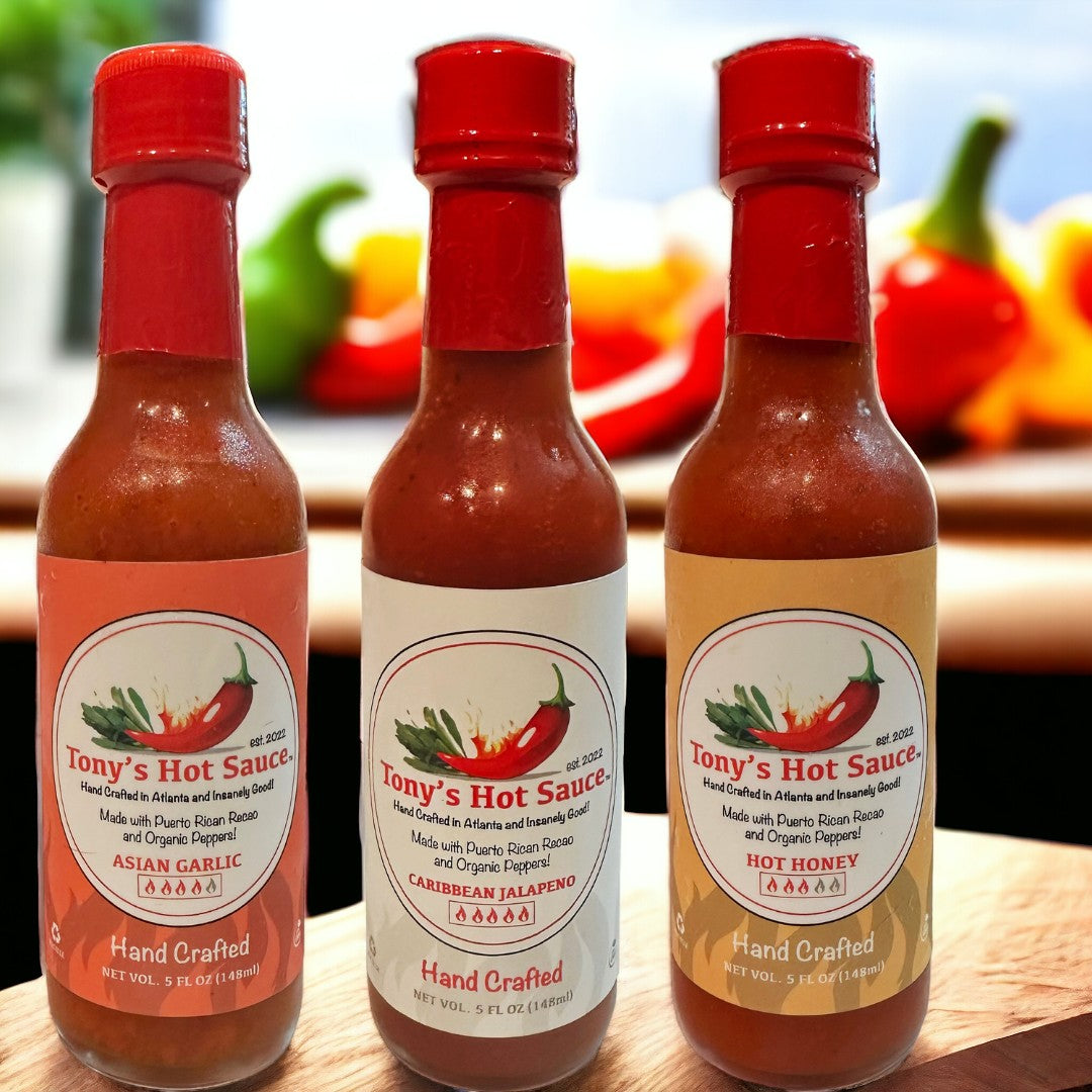 Tony's  Handcrafted Hot Sauce 5oz 3 Bottle Combo Set  "Asian Garlic, Caribbean Jalapeno & Hot Honey"