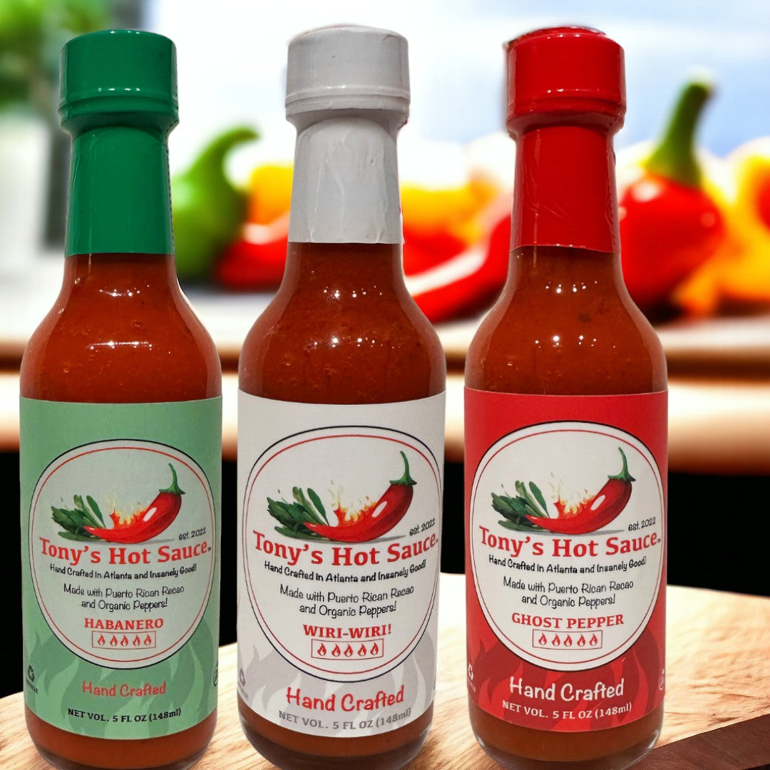 Tony's  Handcrafted Hot Sauce 5oz  3 Bottle Combo Set "Habanero, Wiri Wiri & Ghost Pepper"