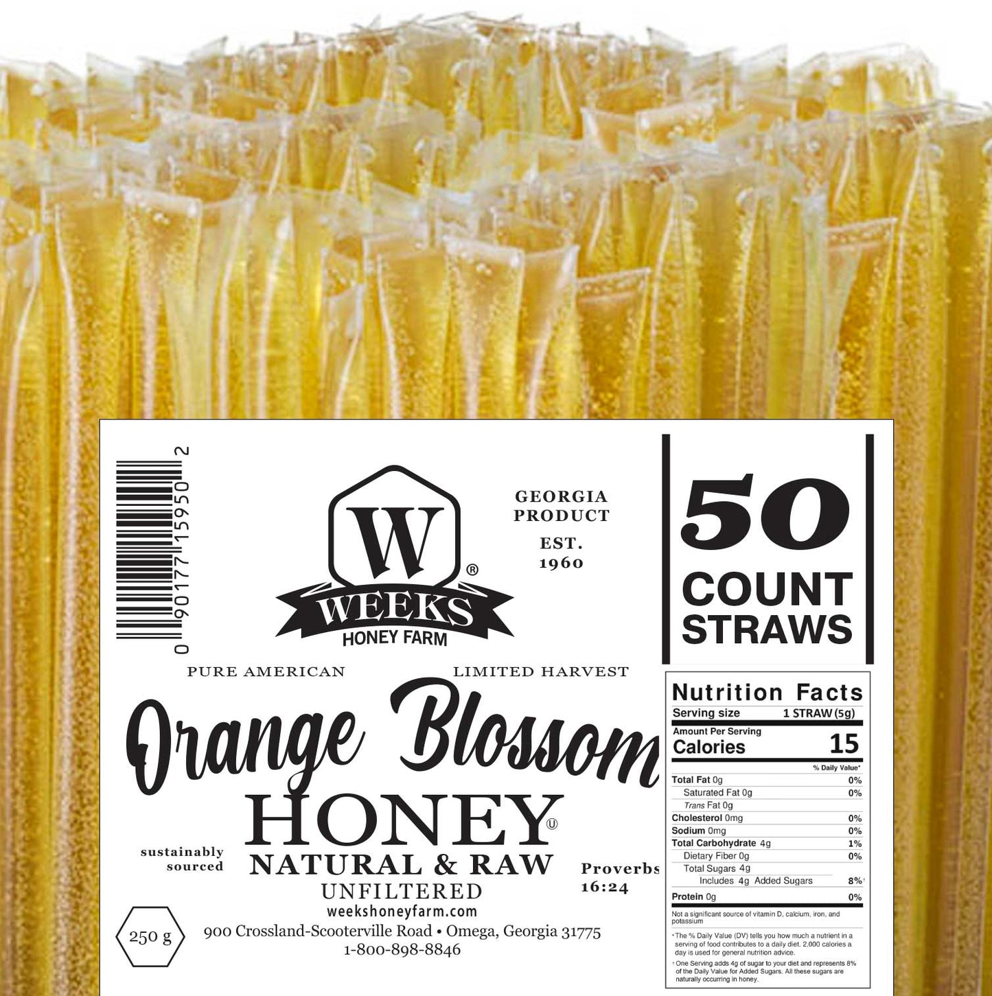 Raw Honey Straws | Orange Blossom, Wildflower, Raspberry Honey | Weeks Honey Farm
