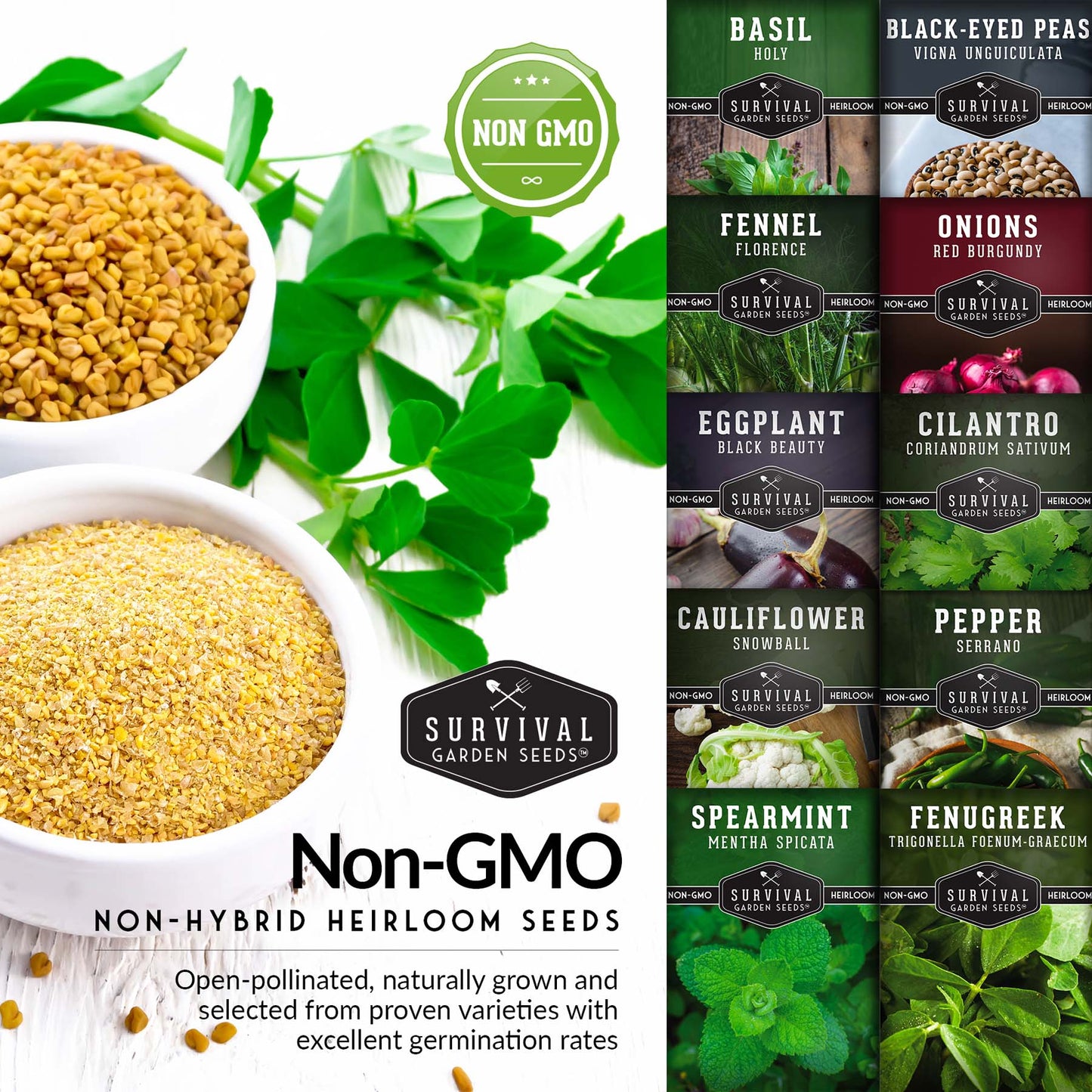 Indian Vegetable Collection - Basil, Cauliflower, Cilantro, Cowpeas, Eggplant, Fennel, Fenugreek, Onion, Pepper, Spearmint