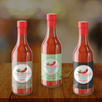Tony's Handcrafted 5oz Hot Sauce 3 Bottle Combo Set "Original, Habanero, Scotch Bonnet"