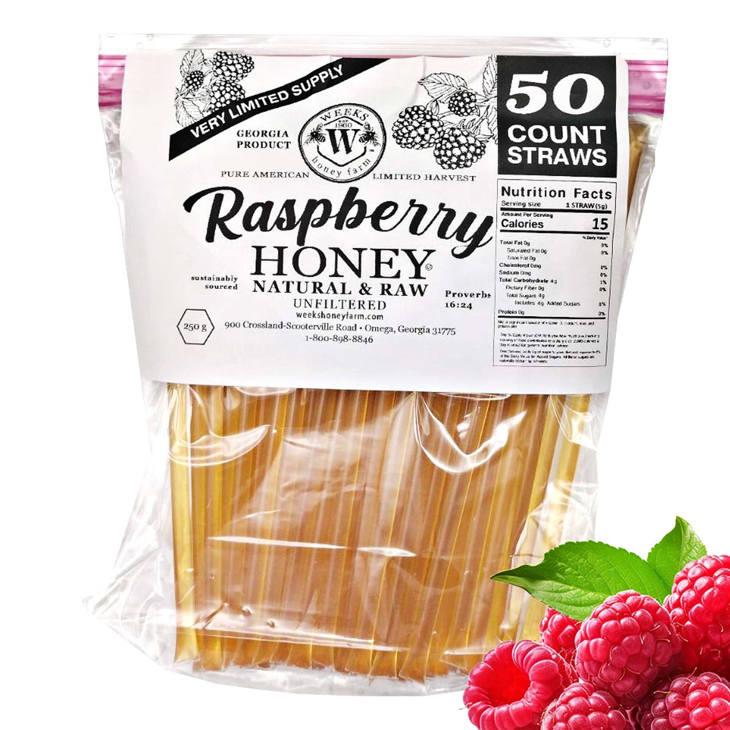 Raw Honey Straws | Orange Blossom, Wildflower, Raspberry Honey | Weeks Honey Farm