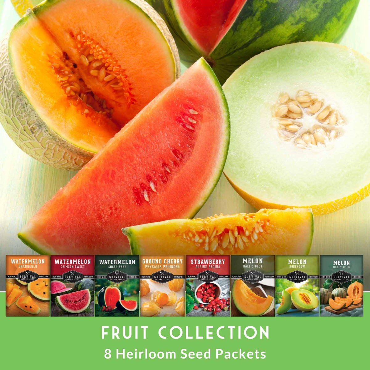 8-Variety Heirloom Fruit Seed Collection – Non-GMO Strawberry, Melon & Watermelon Seeds for Home Gardens