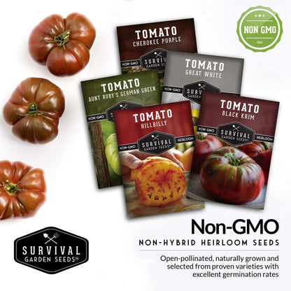 Colorful Tomato Collection - Black Krim, Great White, Aunt Ruby’s German Green, Hillbilly & Cherokee Purple