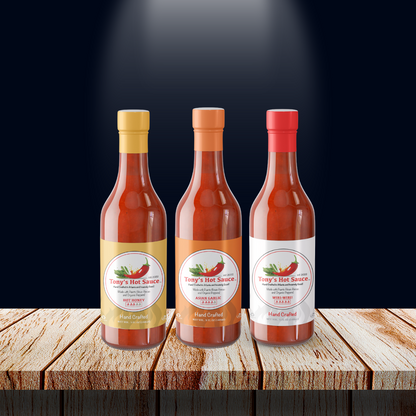 Tony's  Handcrafted Hot Sauce 5oz 3 Bottle Combo Set  "Asian Garlic, Caribbean Jalapeno & Hot Honey"