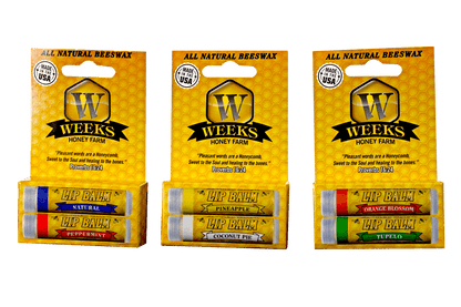 Weeks All Natural Beeswax Lip Balms; Singles, Twin Packs, Case