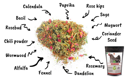 WormBGone Nesting Herbs For Pet Chickens With Roses, Chilis, Calendula, Dandelion For Healthier Coops
