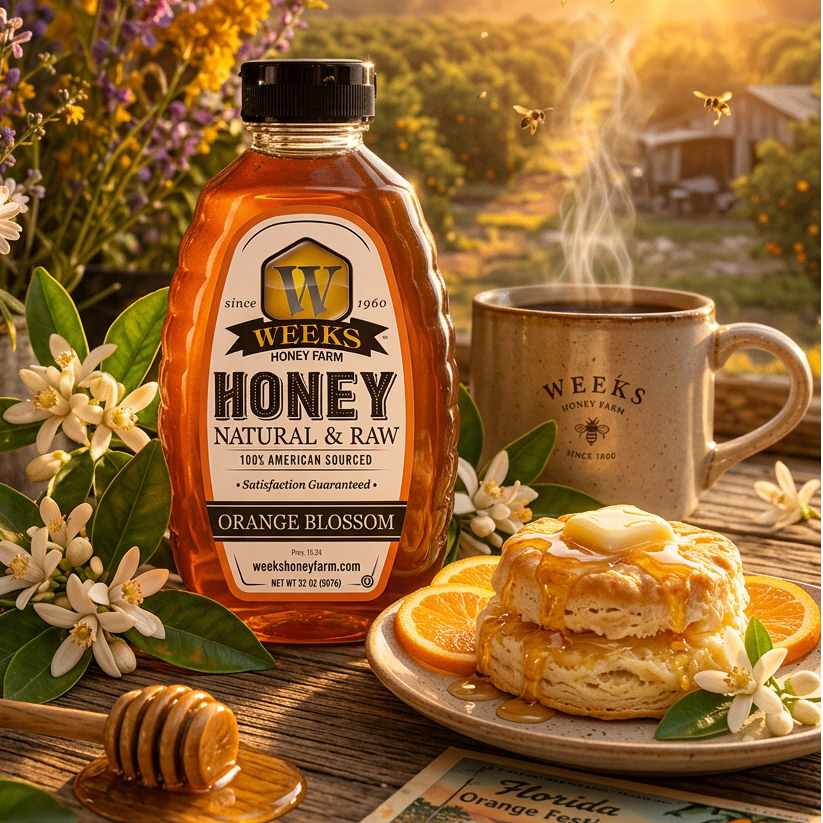 Pure Raw American Orange Blossom Honey - Unfiltered, All-Natural Citrus Sweetness from Weeks Honey Farm