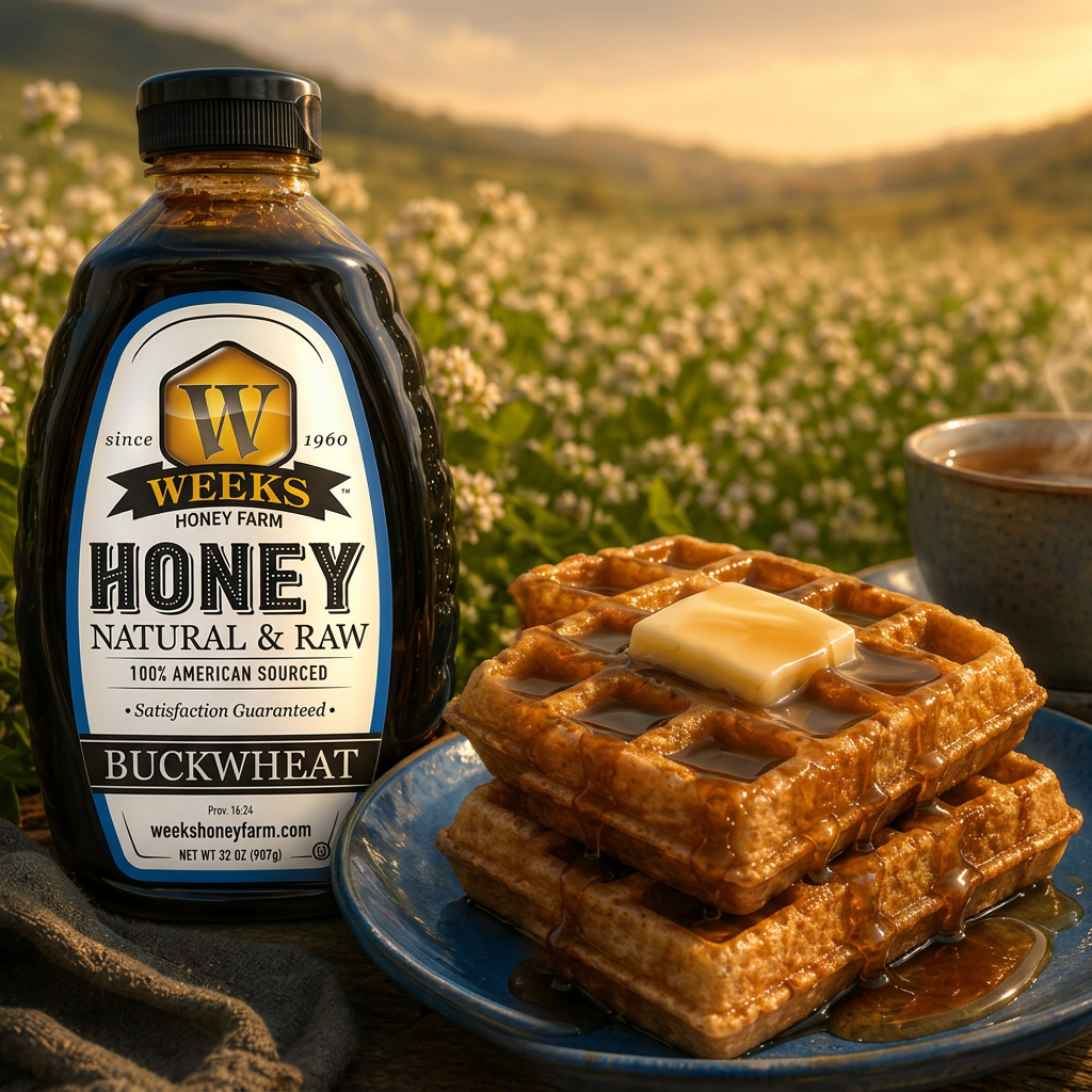Weeks Raw Buckwheat Honey - Pure, All-Natural, Antioxidant-Rich, Dark & Robust Molasses Flavor for Coffee, Waffles, BBQ