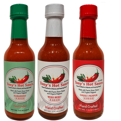Tony's  Handcrafted Hot Sauce 5oz  3 Bottle Combo Set "Habanero, Wiri Wiri & Ghost Pepper"