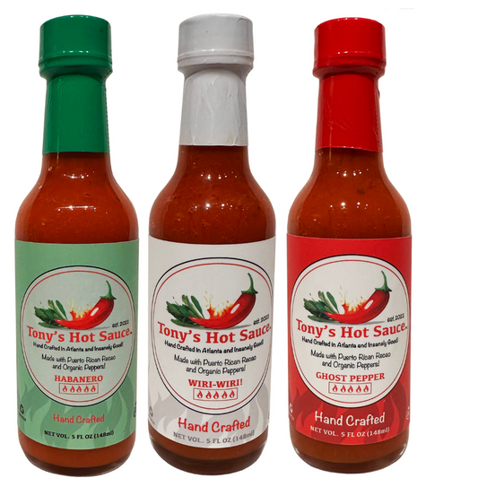 Tony's  Handcrafted Hot Sauce 5oz  3 Bottle Combo Set "Habanero, Wiri Wiri & Ghost Pepper"