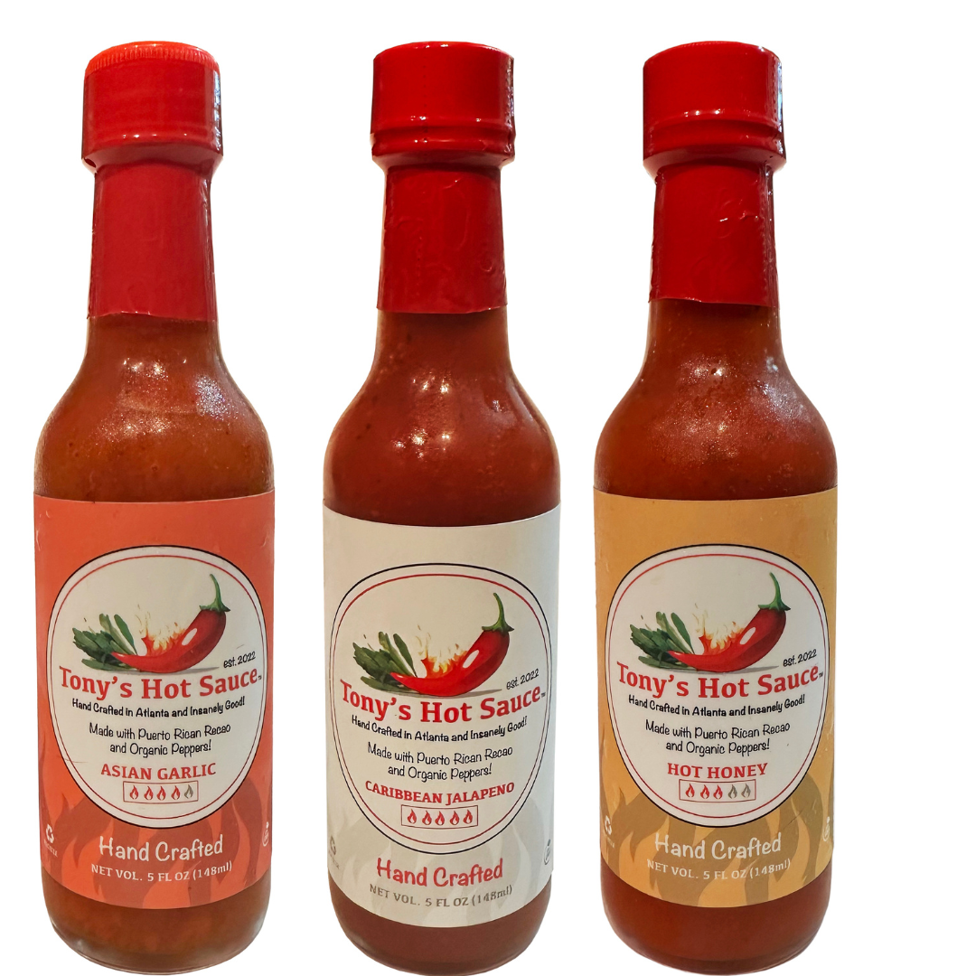 Tony's  Handcrafted Hot Sauce 5oz 3 Bottle Combo Set  "Asian Garlic, Caribbean Jalapeno & Hot Honey"