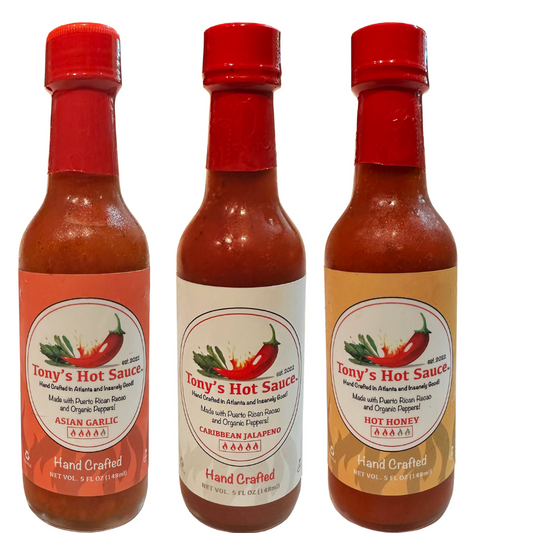Tony's  Handcrafted Hot Sauce 5oz 3 Bottle Combo Set  "Asian Garlic, Caribbean Jalapeno & Hot Honey"