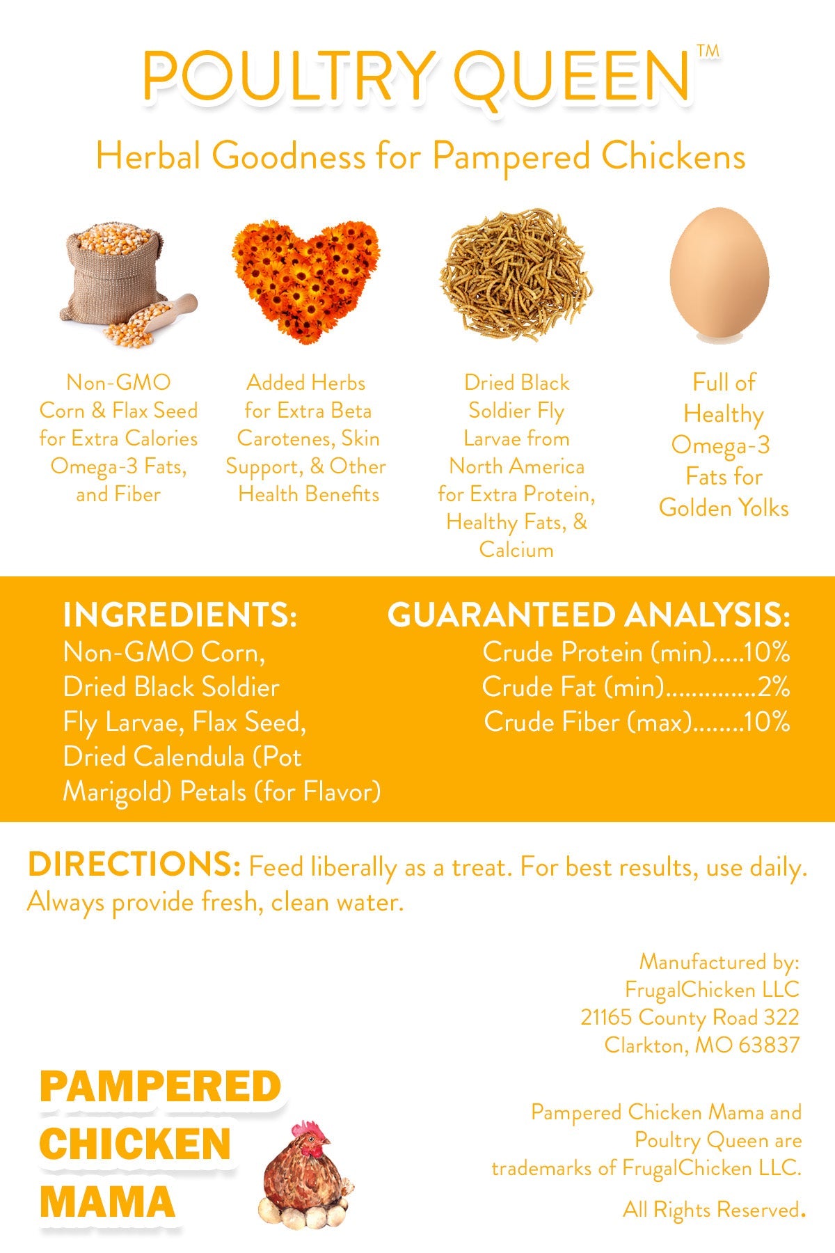 Poultry Queen Mealworm, Premium Corn, Flax Seeds, & Herb Treat For Pet Chickens